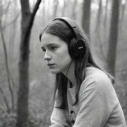 A black and white image of a girl with headphones, deeply engrossed in a sorrowful poetry podcast, gazing contemplatively at the surrounding nature.