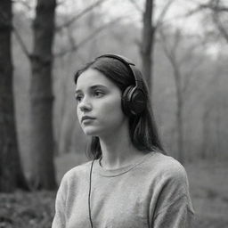 A black and white image of a girl with headphones, deeply engrossed in a sorrowful poetry podcast, gazing contemplatively at the surrounding nature.