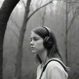 A black and white image of a girl with headphones, deeply engrossed in a sorrowful poetry podcast, gazing contemplatively at the surrounding nature.