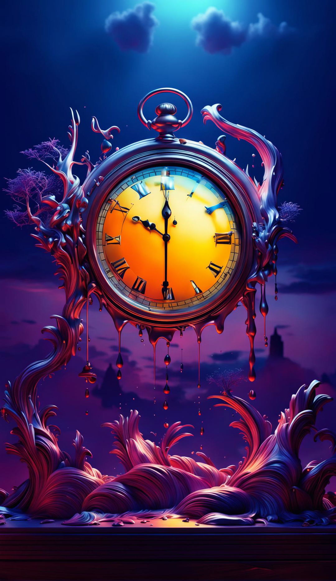 A 4K hyper-realistic digital art piece featuring a surreal scene with a melting clock, rendered with Redshift and enhanced with HDR and cinematic lighting.