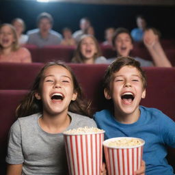 A lively picture depicting a girl and boy immersing themselves in the joy of watching a movie together.