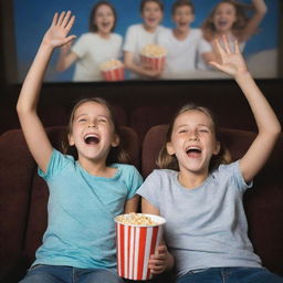 A lively picture depicting a girl and boy immersing themselves in the joy of watching a movie together.