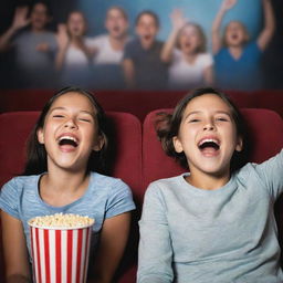 A lively picture depicting a girl and boy immersing themselves in the joy of watching a movie together.