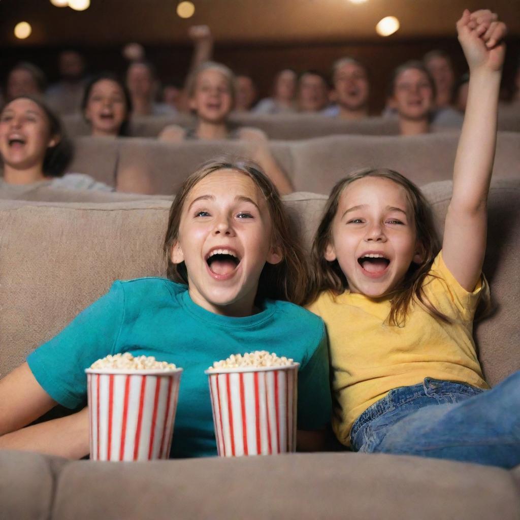 A lively picture depicting a girl and boy immersing themselves in the joy of watching a movie together.