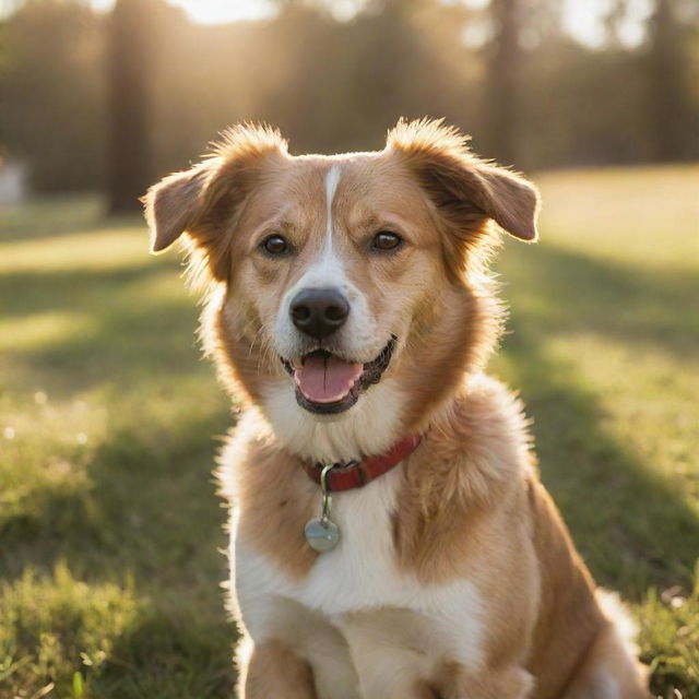 A lively, high-resolution image of a dog in a natural setting, bathed in warm, afternoon sunlight.