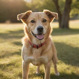 A lively, high-resolution image of a dog in a natural setting, bathed in warm, afternoon sunlight.