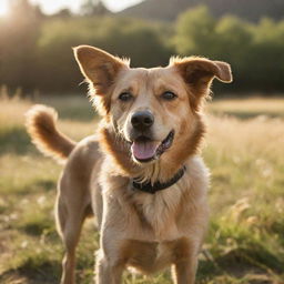 A lively, high-resolution image of a dog in a natural setting, bathed in warm, afternoon sunlight.