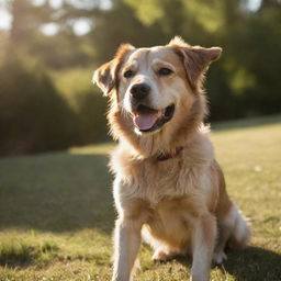 A lively, high-resolution image of a dog in a natural setting, bathed in warm, afternoon sunlight.