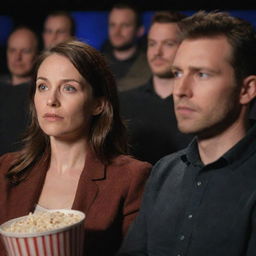 An engaging image of a woman and man engrossed in watching a movie together, captivated by the onscreen drama.