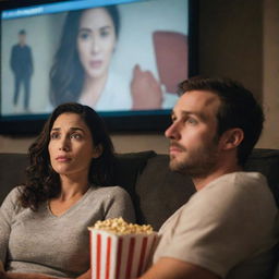 An engaging image of a woman and man engrossed in watching a movie together, captivated by the onscreen drama.