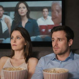 An engaging image of a woman and man engrossed in watching a movie together, captivated by the onscreen drama.