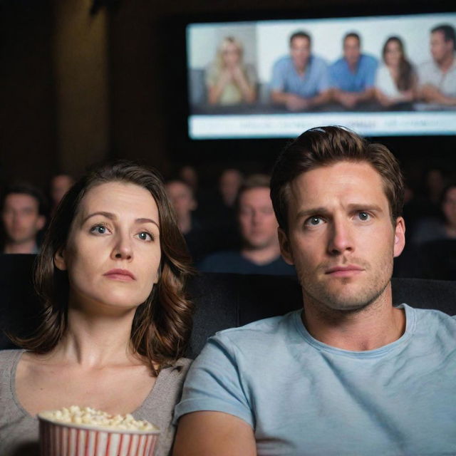 An engaging image of a woman and man engrossed in watching a movie together, captivated by the onscreen drama.