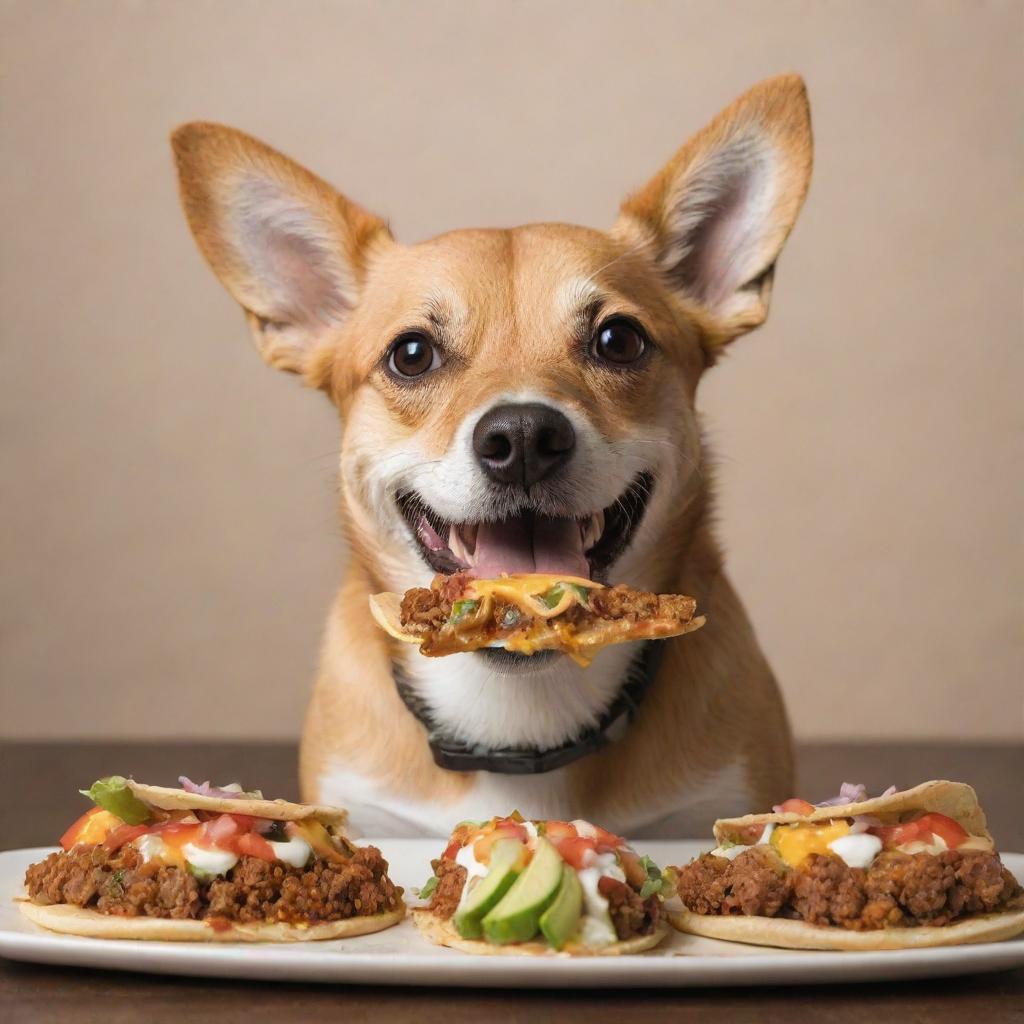 A happy, playful dog gleefully munching on a cheesy, delightfully garnished taco.