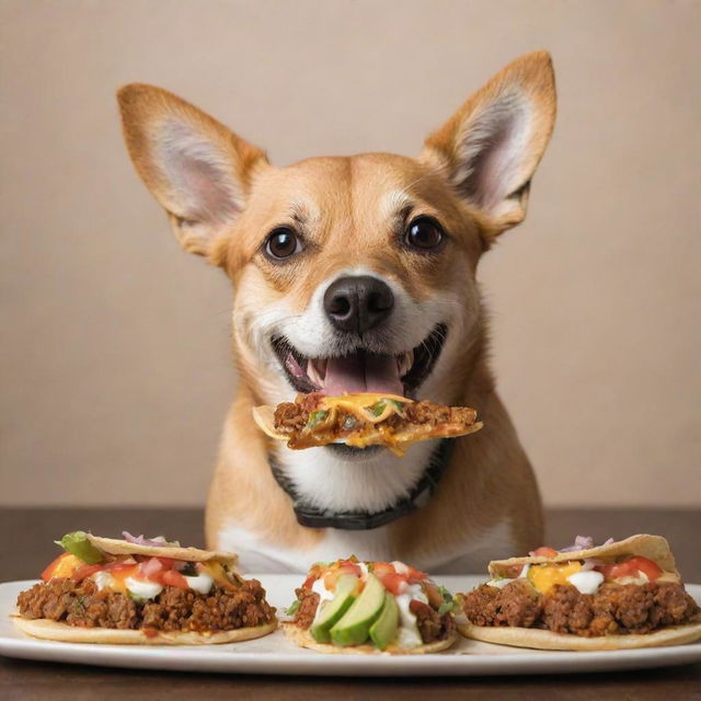 A happy, playful dog gleefully munching on a cheesy, delightfully garnished taco.