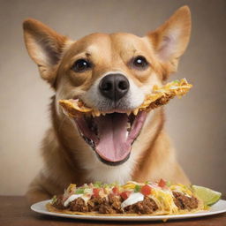 A happy, playful dog gleefully munching on a cheesy, delightfully garnished taco.