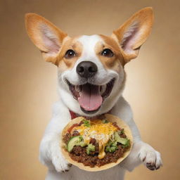 A happy, playful dog gleefully munching on a cheesy, delightfully garnished taco.