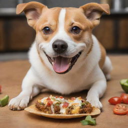 A happy, playful dog gleefully munching on a cheesy, delightfully garnished taco.