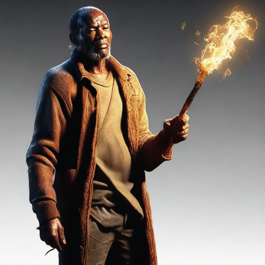 A digital art representation of a 41-year-old human, appearing impoverished, clutching a large, glowing stick