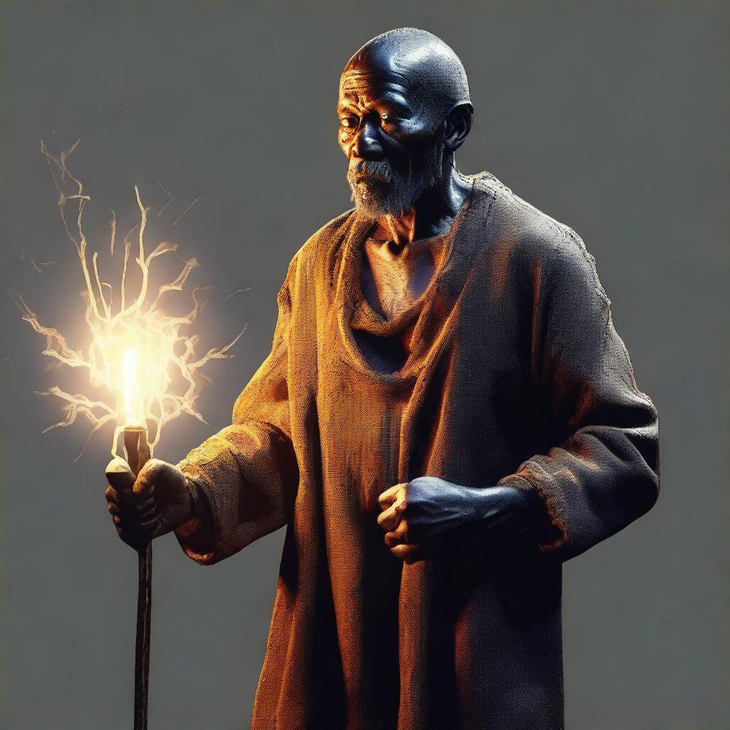 A digital art representation of a 41-year-old human, appearing impoverished, clutching a large, glowing stick