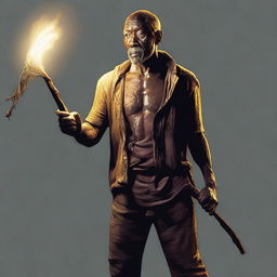 A digital art representation of a 41-year-old human, appearing impoverished, clutching a large, glowing stick