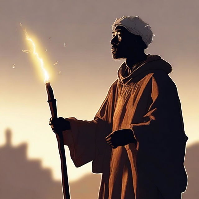 This high-quality digital art depicts a human dressed in ragged attire, holding a glowing stick, poised to give a religious speech