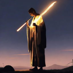 This high-quality digital art depicts a human dressed in ragged attire, holding a glowing stick, poised to give a religious speech