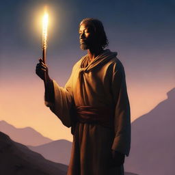 This high-quality digital art depicts a human dressed in ragged attire, holding a glowing stick, poised to give a religious speech