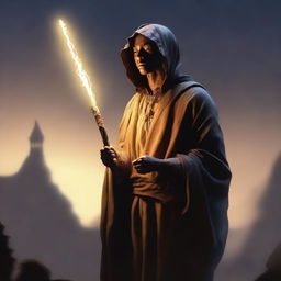 This high-quality digital art depicts a human dressed in ragged attire, holding a glowing stick, poised to give a religious speech