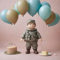 Depict a Doomer character wearing camouflage army clothes, surrounded by birthday decorations such as balloons and a cake, in a subdued, muted color palette.