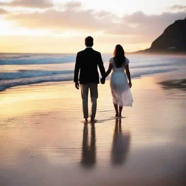 As the sun set, the couple held hands and walked along the beach, their footprints effacing with each gentle wave that washed over the sand.