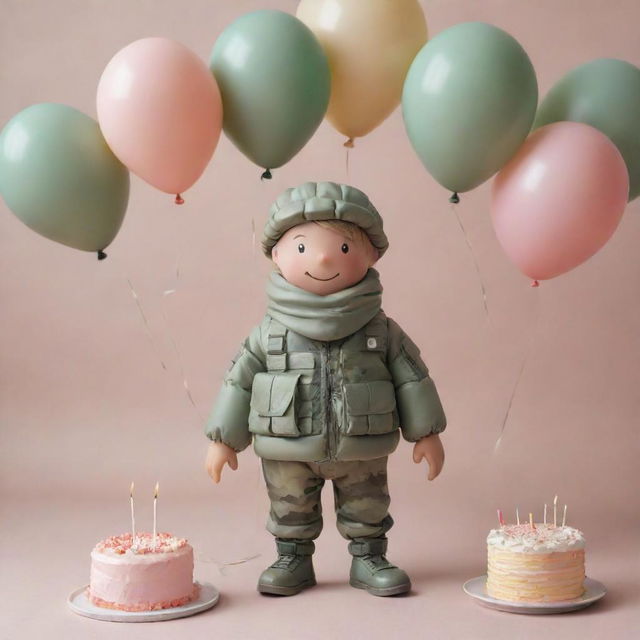 Depict a Doomer character wearing camouflage army clothes, surrounded by birthday decorations such as balloons and a cake, in a subdued, muted color palette.