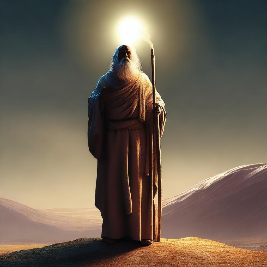 A high-quality digital art image depicting a human figure, dressed in simple, worn-out clothing, holding a long glowing stick reminiscent of Moses