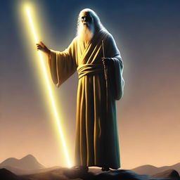 A high-quality digital art image depicting a human figure, dressed in simple, worn-out clothing, holding a long glowing stick reminiscent of Moses