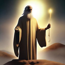 A high-quality digital art image depicting a human figure, dressed in simple, worn-out clothing, holding a long glowing stick reminiscent of Moses