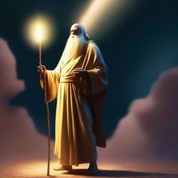 A high-quality digital art image depicting a human figure, dressed in simple, worn-out clothing, holding a long glowing stick reminiscent of Moses