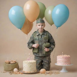 Depict a Doomer character wearing camouflage army clothes, surrounded by birthday decorations such as balloons and a cake, in a subdued, muted color palette.