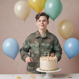 Depict a Doomer character wearing camouflage army clothes, surrounded by birthday decorations such as balloons and a cake, in a subdued, muted color palette.