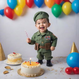 A doomer character dressed in military attire, joyfully celebrating his birthday with a cake and party decorations around him