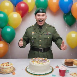 A doomer character dressed in military attire, joyfully celebrating his birthday with a cake and party decorations around him