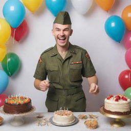 A doomer character dressed in military attire, joyfully celebrating his birthday with a cake and party decorations around him