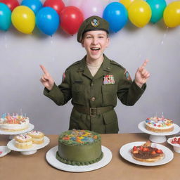 A doomer character dressed in military attire, joyfully celebrating his birthday with a cake and party decorations around him