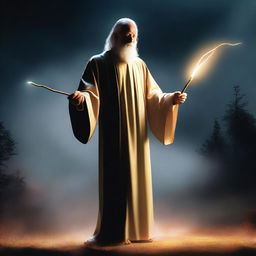 A high-quality digital art image portrays a human preacher holding a long, glowing stick