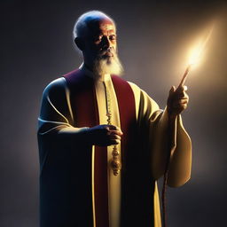 A high-quality digital art image portrays a human preacher holding a long, glowing stick