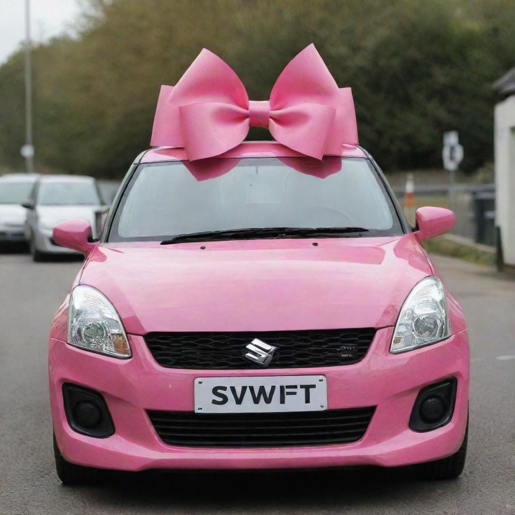 A Suzuki Swift car adorned with a large pink bow