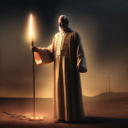 A high-quality digital art image portrays a human preacher holding a long, glowing stick