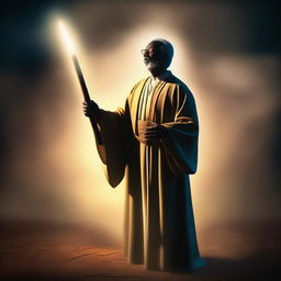 A high-quality digital art image portrays a human preacher holding a long, glowing stick