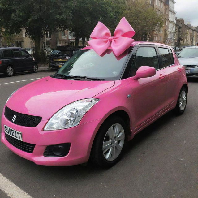 A Suzuki Swift car adorned with a large pink bow