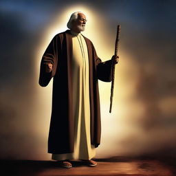 In this high-quality digital art, a human preacher is depicted with a glowing walking stick