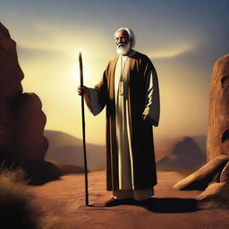 In this high-quality digital art, a human preacher is depicted with a glowing walking stick