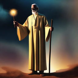 In this high-quality digital art, a human preacher is depicted with a glowing walking stick